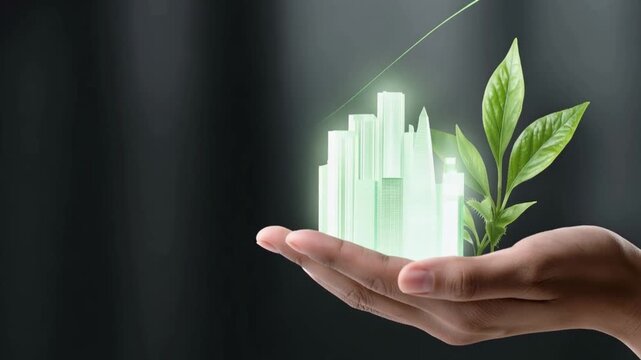 A hand cradles a glowing, abstract representation of urban development interwoven with lush greenery. ..Created with Generative AI, not depicting real subjects.