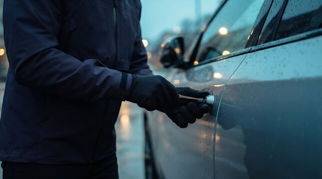 Car thief breaking into automobile door lock at night, hooded criminal committing auto theft crime, vehicle security concept