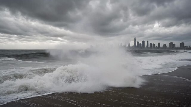 Dramatic Waves Crashing on Beach with City Skyline Under Overcast Skies