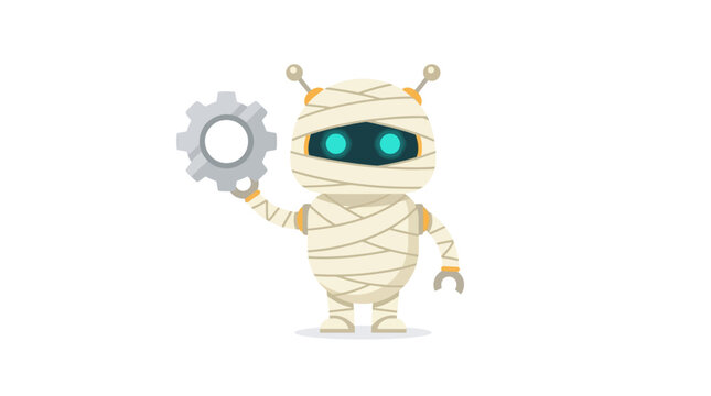 Cute little mummy robot holding a metallic gear wheel for Halloween technology concept flat vector illustration.
