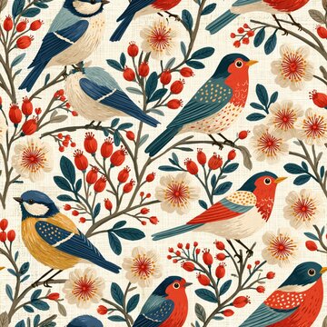 Seamless pattern of folk robins and blue tits on flowering branches, for wallpaper and surface design