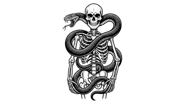 Vintage style engraving of a human skeleton entwined with a large serpent snake