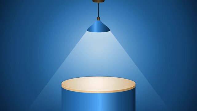 Blue 3D Podium with Hanging Lamp Turning On to Illuminate Empty Product Display Stage