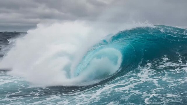 Dynamic Ocean Wave Crashing Against The Shore Under A Cloudy Sky With Vibrant Turquoise Colors