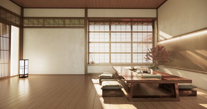 Low table Japanese-style living room evokes the feeling of spring with sunlight streaming into the space.3D rendering
