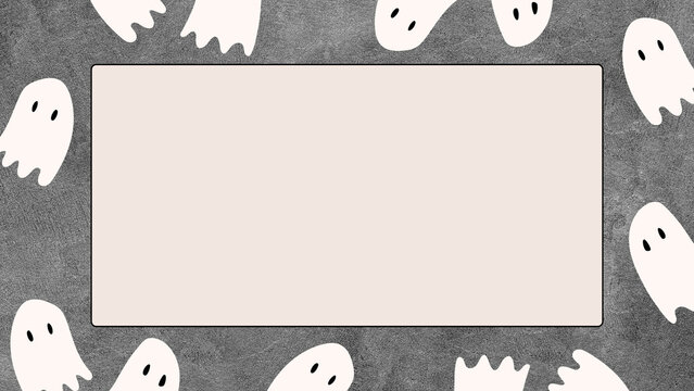 Cute Halloween ghosts frame background presentation on textured dark grey stone board