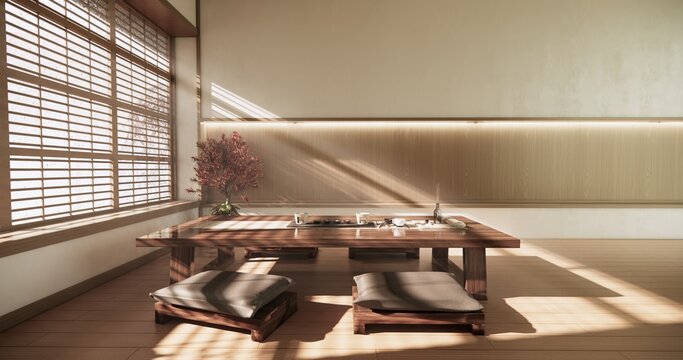 Autumn concept on Japanese room with white wall with maple wood wall design Evokes a sense of warmth, fall background. 3d rendering