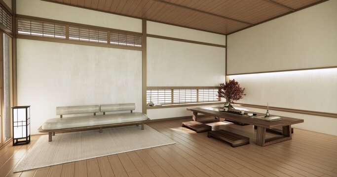 Autumn concept on Japanese room with white wall with maple wood wall design Evokes a sense of warmth, fall background. 3d rendering