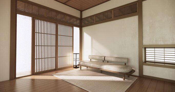 Autumn concept on Japanese room with white wall with maple wood wall design Evokes a sense of warmth, fall background. 3d rendering