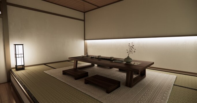 Low table Japanese-style living room evokes the feeling of spring with sunlight streaming into the space.3D rendering