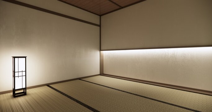 Autumn concept on Japanese room with white wall with maple wood wall design Evokes a sense of warmth, fall background. 3d rendering
