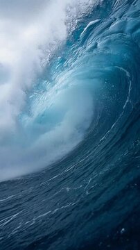 Dynamic Ocean Wave Curling with Vibrant Blue Foam in Dramatic Close-Up