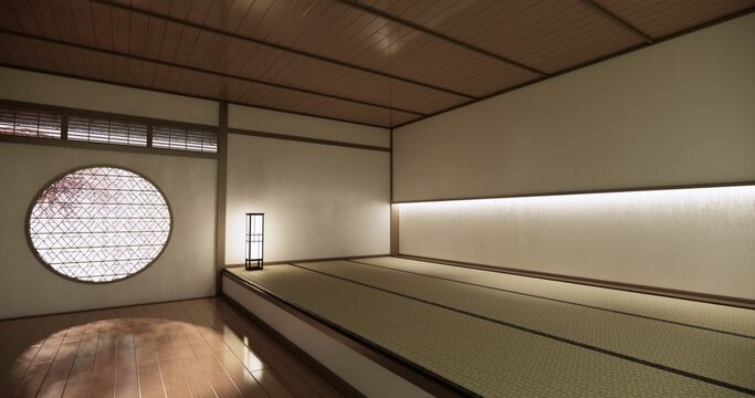 Autumn concept on Japanese room with white wall with maple wood wall design Evokes a sense of warmth, fall background. 3d rendering