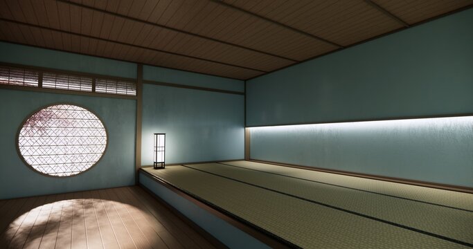 Autumn, Japanese style circular window and Japanese room with tatami mats on the floor and cabinet decor.3D rendering