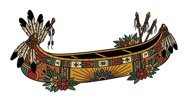 Native American Canoe with Feathers and Flowers