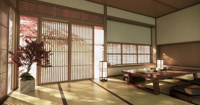 Low table Japanese-style living room evokes the feeling of spring with sunlight streaming into the space.3D rendering
