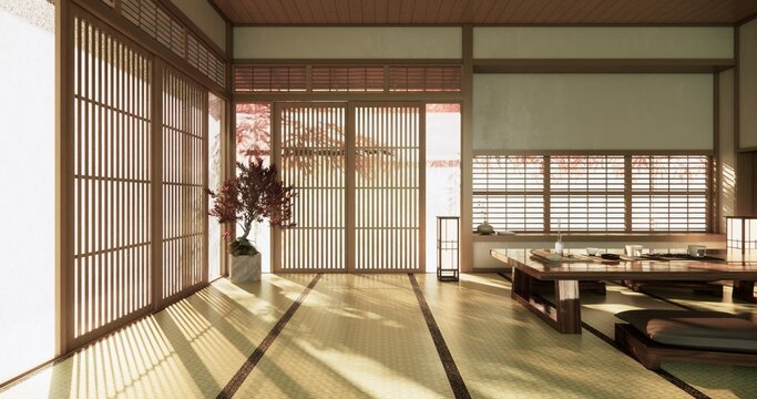 Low table Japanese-style living room evokes the feeling of spring with sunlight streaming into the space.3D rendering