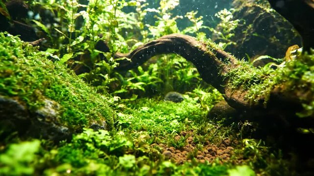 Lush underwater aquarium landscape with vibrant green plants, driftwood, and bubbling water