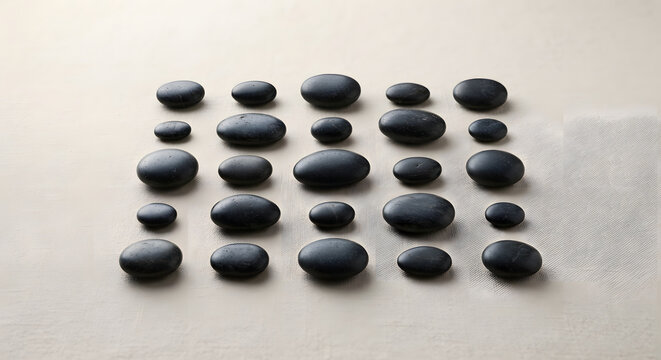 Black basalt spa stones in organized grid, 25 smooth volcanic pebbles for wellness and massage, minimalist zen rock collection
