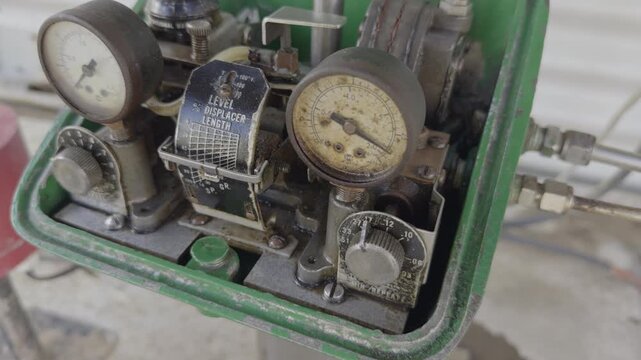 Close-up view of an analog level controller using pressure gauges, pneumatic relays, and a nozzle-flapper mechanism for industrial process measurement and control.