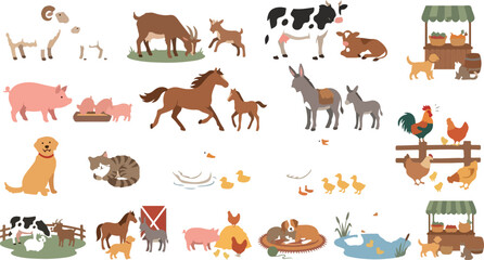 Obraz premium Domestic Farm Animal and Pet Vector Collection Featuring Friendly Livestock and Animal Illustrations