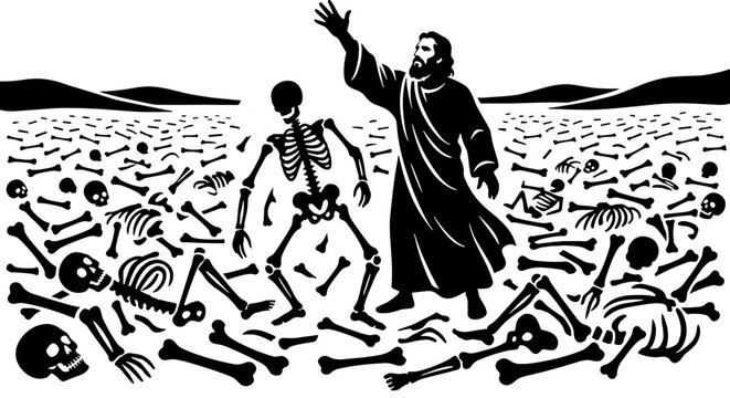 Ezekiel in Valley of Dry Bones Prophecy Old Testament Bible Vector Illustration, Resurrection and Restoration Symbol, Spiritual Renewal Concept Scene