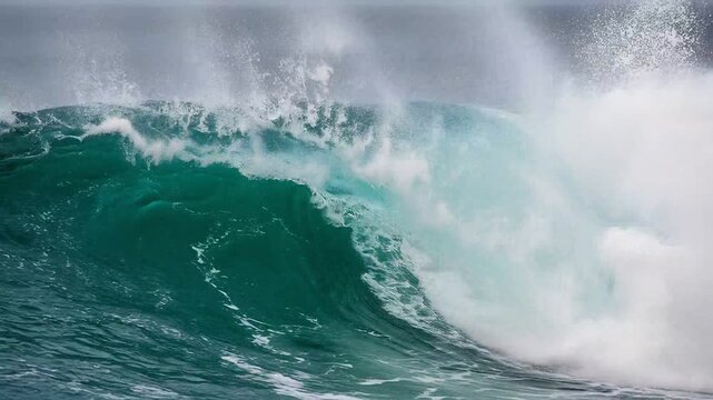 Dynamic Ocean Waves Crashing and Swirling with Turquoise Foam Against a Cloudy Sky