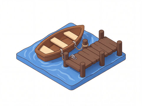 Small wooden rowing boat docked at a pier in isometric view