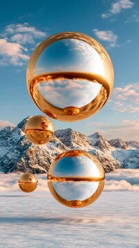 Golden metallic spheres floating over snowy landscape, minimalist Christmas luxury, vertical video