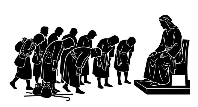 Joseph Meeting His Brothers in Egypt Old Testament Bible Vector Illustration, Bowing Down Scene, Genesis Prophecy Fulfillment, Reconciliation and Forgiveness Concept