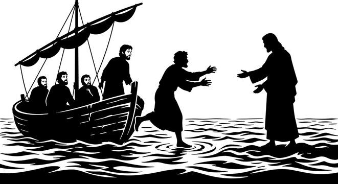 Peter Walking on Water to Jesus New Testament Bible Vector Illustration, Step of Faith From Boat, Miracle on Sea of Galilee, Courage and Trust Concept