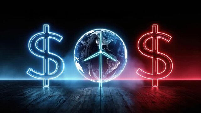 Dollar signs flank a glowing globe with a wind turbine, symbolizing the intersection of finance and sustainable energy. ..Created with Generative AI, not depicting real subjects.