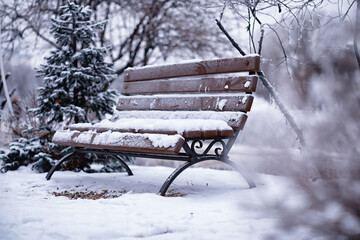 Obraz premium park bench on a winter alley at snowfall. bench with snow after snowstorm or in snow calamity in europe