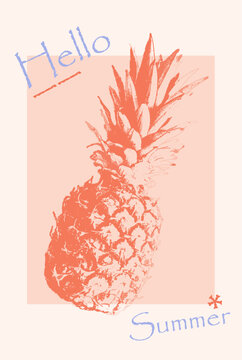 A stylized illustration of a pineapple with the text 'Hello Summer' in a playful font. The design features a soft color palette and a hand-drawn aesthetic.