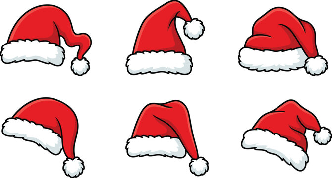 Set of six hand drawn santa claus hats isolated on white background for christmas holiday design elements