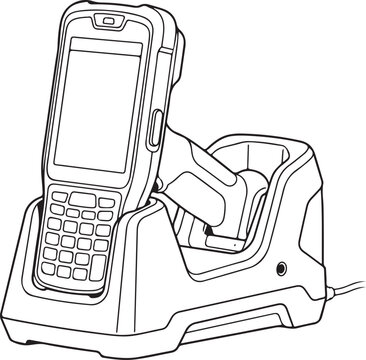 Barcode scanner mobile computer sits in its charging cradle in this black and white line art illustration.