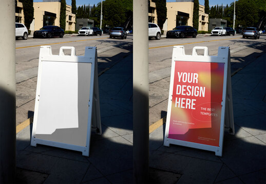 Mockup Of Customizable A-Frame Sidewalk Sign On Urban Street