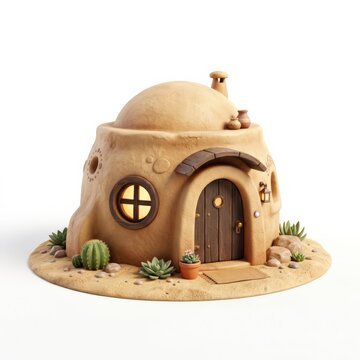 Whimsical adobe desert cottage isolated on white background