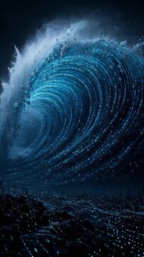 Dynamic Wave Crashing with Luminescent Droplets and Dark Atmospheric Backdrop