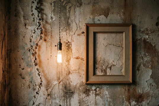 Industrial wabi-sabi interior with empty wooden frame and vintage bulb