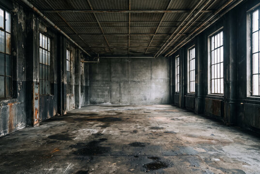 Industrial abandoned warehouse loft with large windows and concrete walls