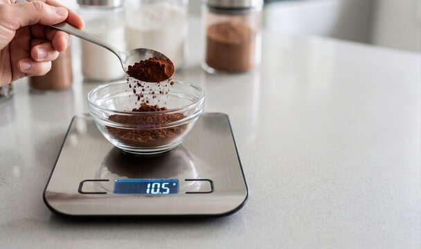 Cocoa powder weighing on digital kitchen scale, hand adding with spoon on modern kitchen counter, baking preparation concept.