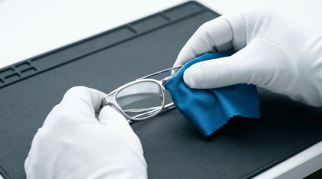 Eyeglasses meticulously cleaned with microfiber cloth by gloved hands on dark precision mat, professional optical care concept.