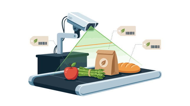 Smart AI camera system scanning grocery products on a conveyor belt for automated retail checkout flat vector illustration