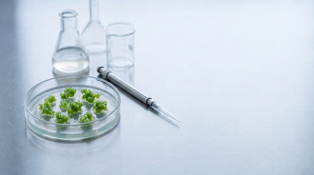 Petri dish with green botanical microalgae callus tissue and micropipette on stainless steel laboratory table