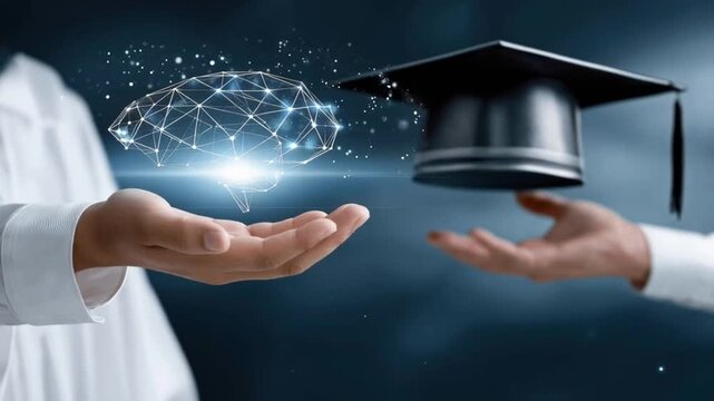 The glowing digital brain symbol representing knowledge and innovation floats between two open hands, one adorned with a graduation cap. ..Created with Generative AI, not depicting real subjects.
