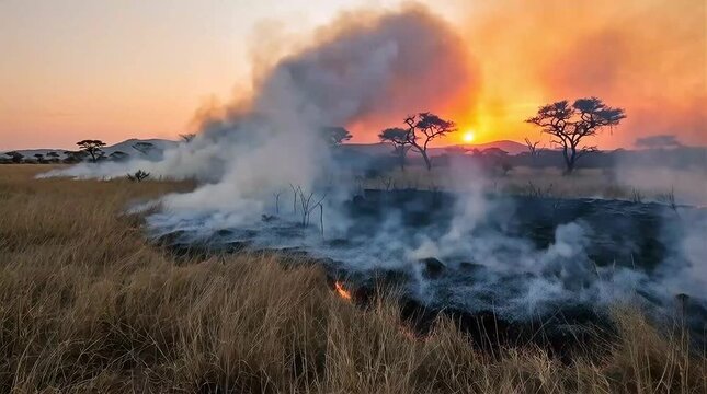 Wildfire burns dry savanna grass at sunset with smoke plumes rising. Orange flames consume dry vegetation near scattered acacia trees. Dramatic scene shows environmental crisis and destruction.