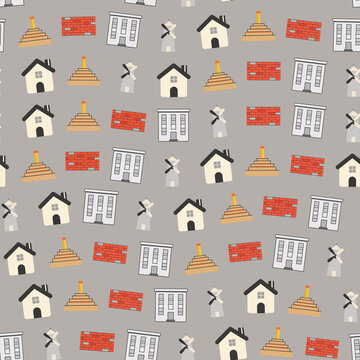 Seamless pattern of houses, windmills, and brick walls