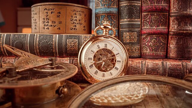 Vintage watch with ornate gears placed on top of antique books and navigation tools in close up view.