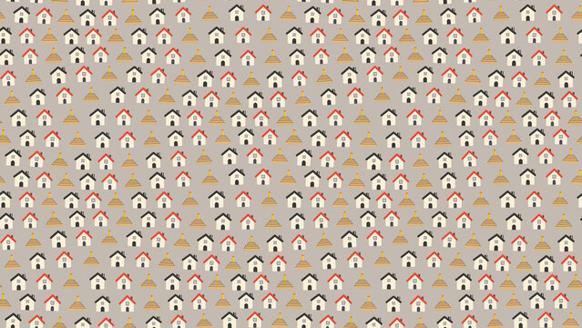 Seamless pattern of stylized houses and tiered objects